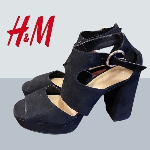 NWT H&M Black Suede Block Heels 8.5 - Picture 1 of 4